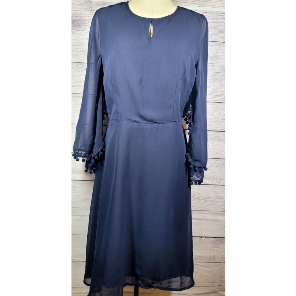 Bodyflirt Boutique Womens Dress Size 8 Navy Blue Cape Sleeve Pom Poms Flowy Boho